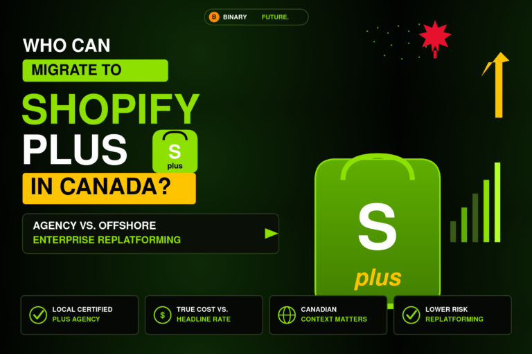 Comparison matrix of local Canadian Shopify Plus agencies versus offshore contractors for enterprise replatforming by Binary Future.